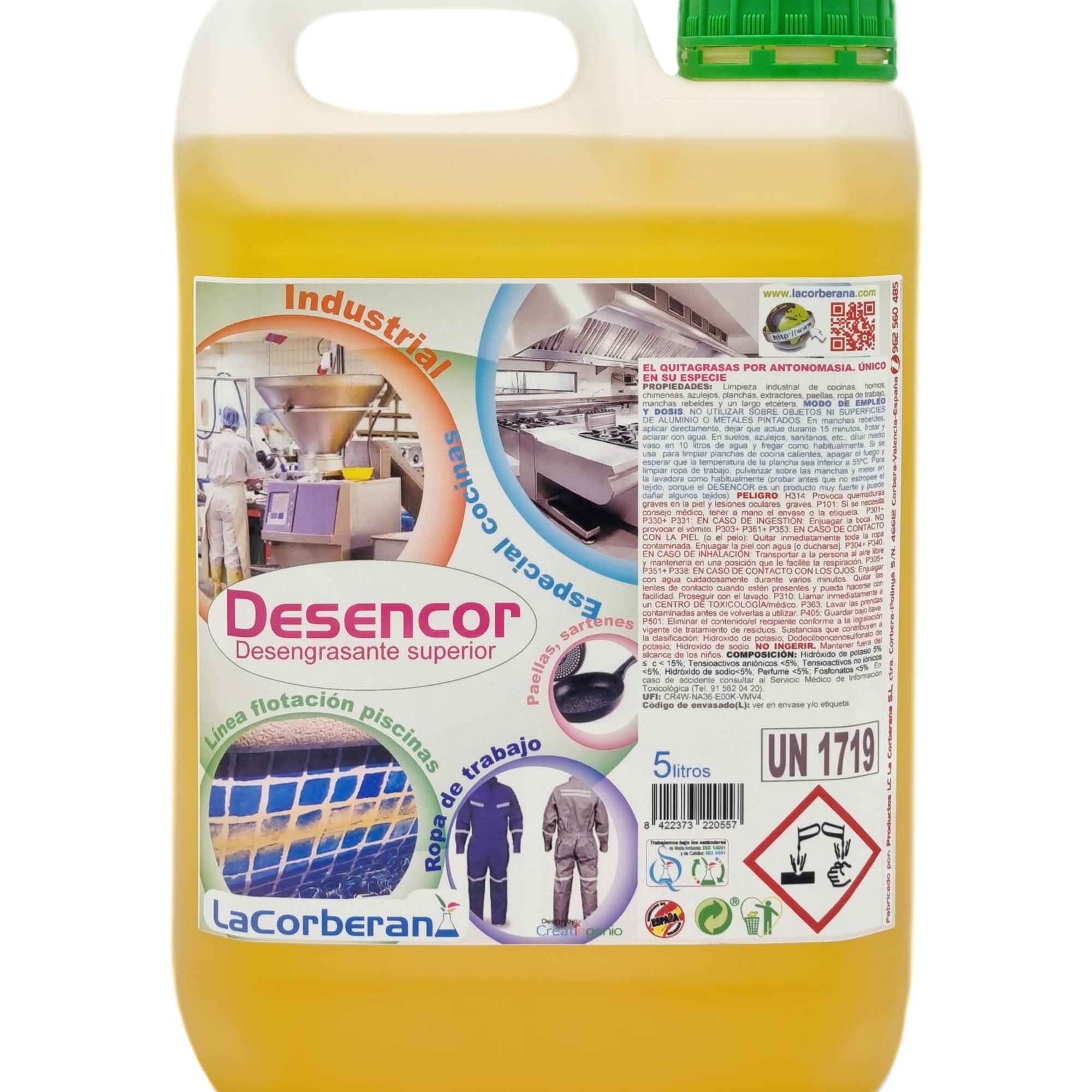 Desengrasante Profesional Desencor. Ideal para desengrasar motores, embarcaciones, quitar manchas difíciles de ropa o el ollín de los cristales de las chimeneas.
