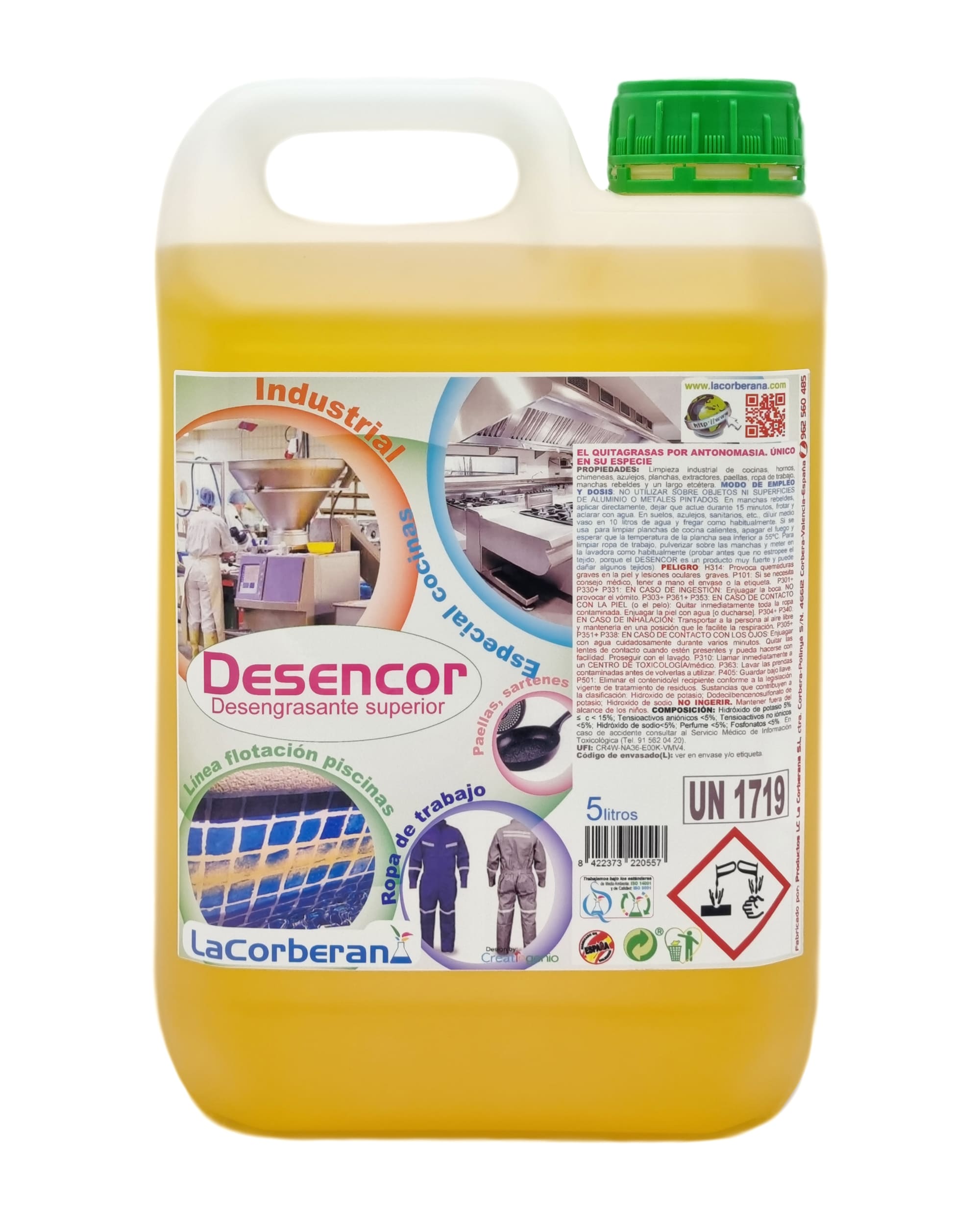 Desengrasante Profesional Desencor. Ideal para desengrasar motores, embarcaciones, quitar manchas difíciles de ropa o el ollín de los cristales de las chimeneas.