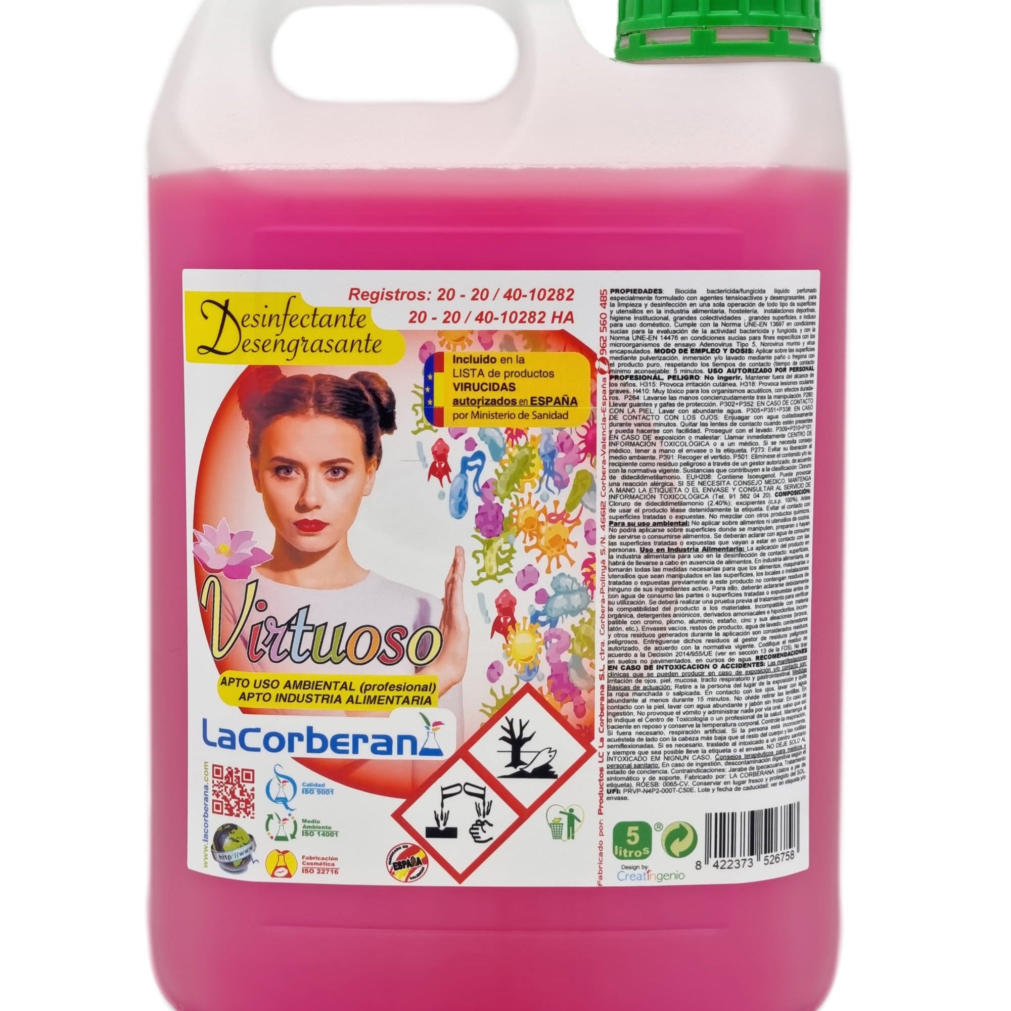 Desengrasante desinfectante perfumado. Eficaz contra la grasa y los gérmenes.  Apto para la desinfección de superficies en Industria Alimentaria y en el hogar.