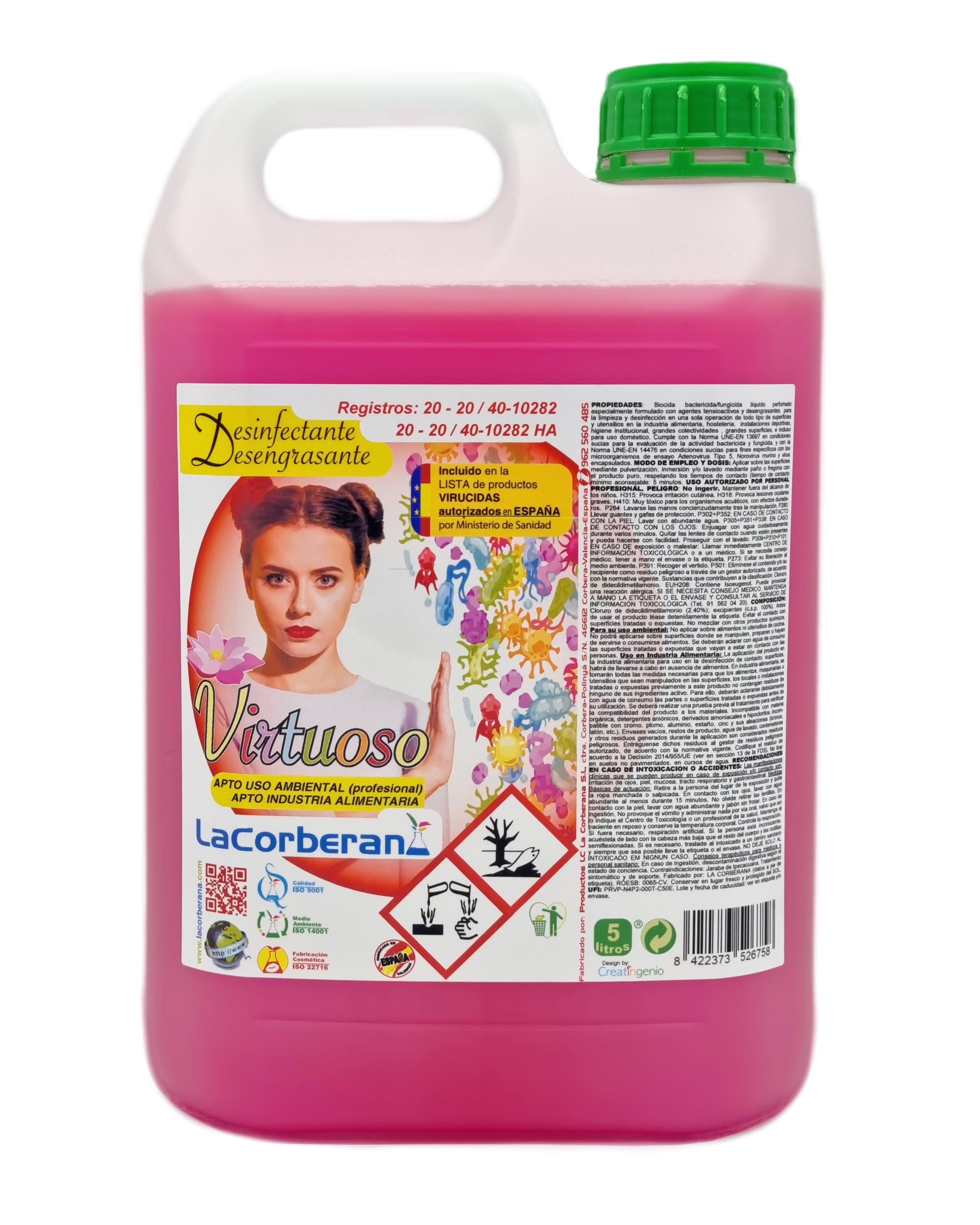 Desengrasante desinfectante perfumado. Eficaz contra la grasa y los gérmenes. Apto para la desinfección de superficies en Industria Alimentaria y en el hogar.