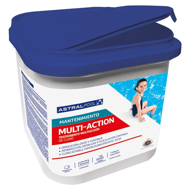 Tabletas de cloro multiacción que combinan desinfección, floculación y algicida, proporcionando un mantenimiento integral para piscinas de cualquier tamaño.