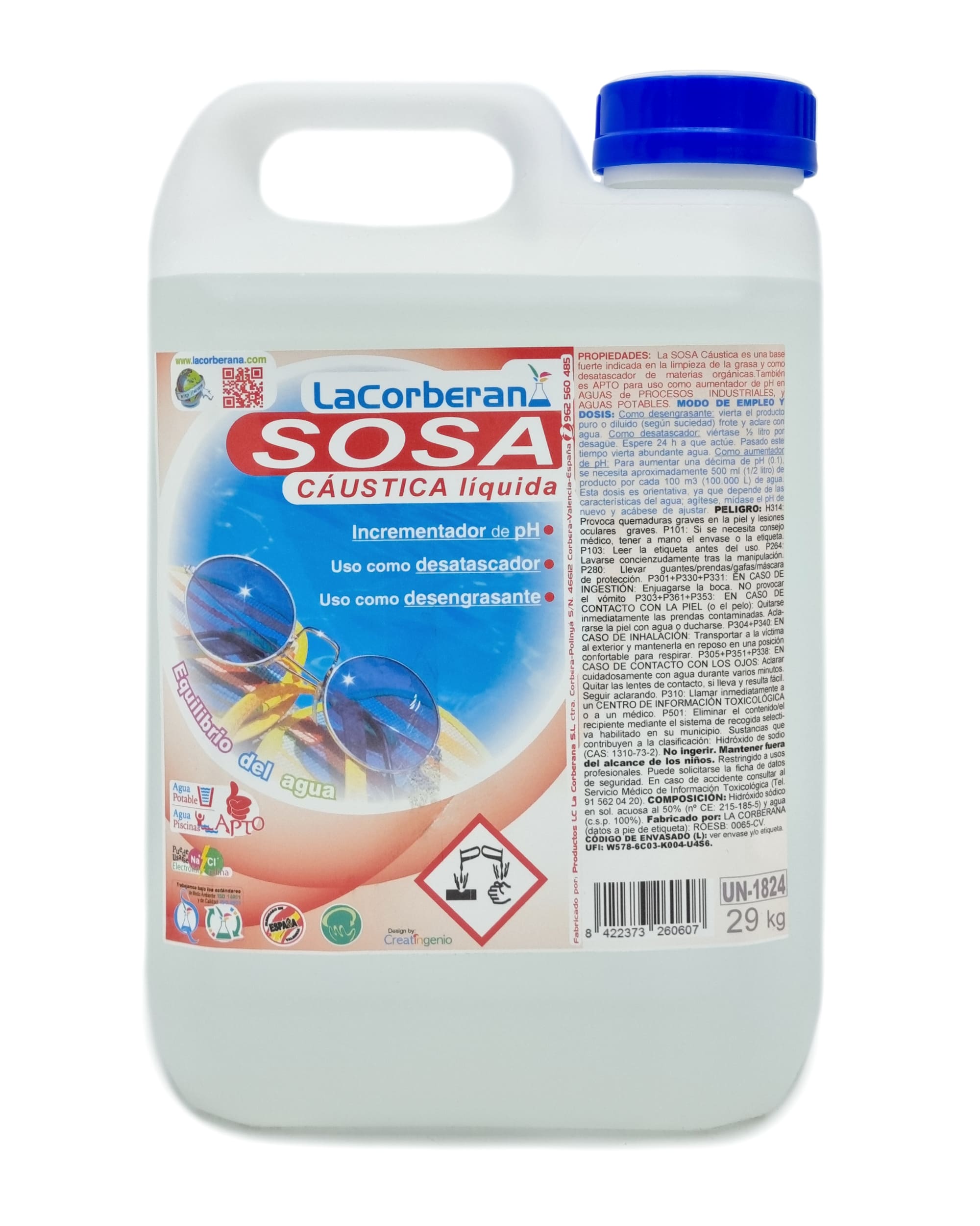 Sosa cáustica líquida para uso profesional, ideal para desincrustar materia orgánica y limpiar tuberías, sistemas de desagüe y otras superficies que requieren una limpieza profunda.