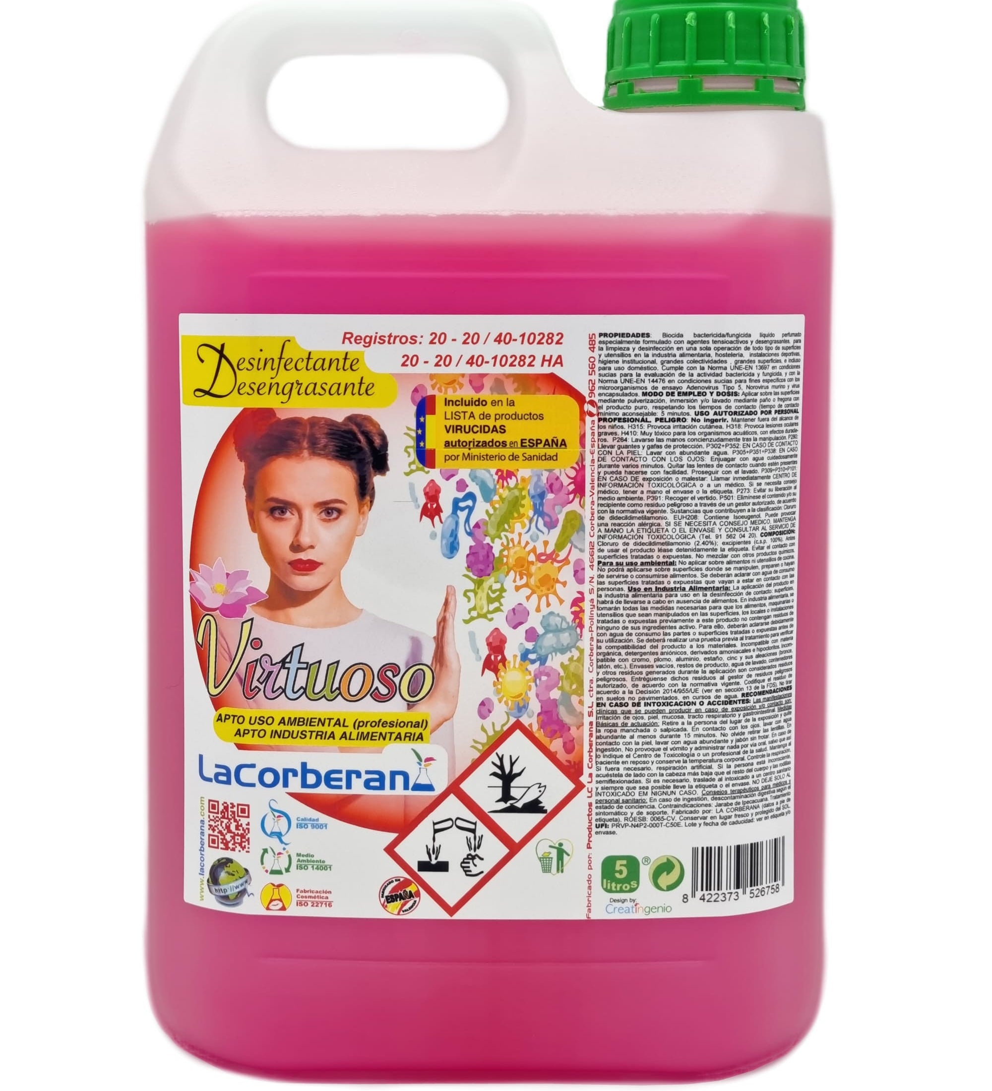 Desengrasante desinfectante perfumado. Eficaz contra la grasa y los gérmenes.  Apto para la desinfección de superficies en Industria Alimentaria y en el hogar.