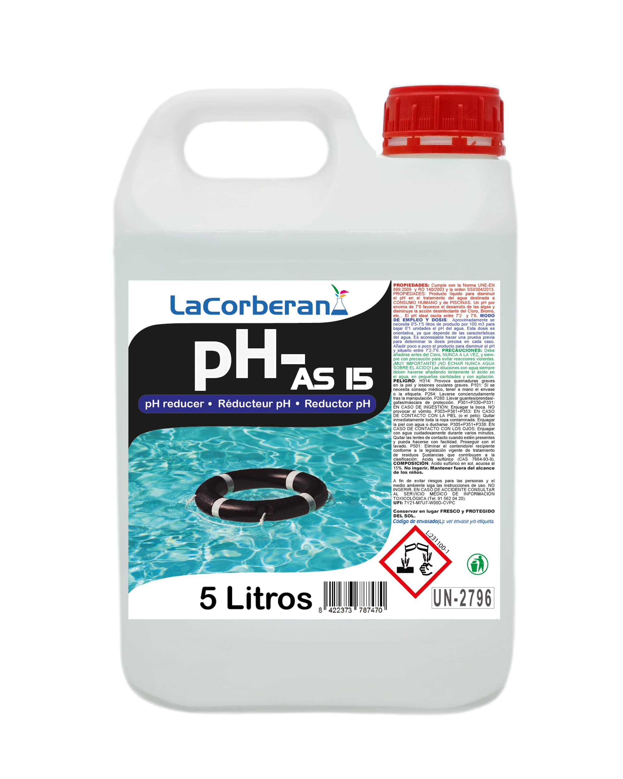 Disminuye el pH del agua de la piscina, asegurando un equilibrio químico perfecto y previniendo problemas de corrosión en sistemas acuáticos.